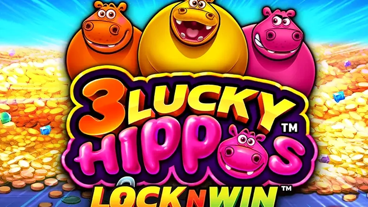 Tampilan visual permainan slot 3 Lucky Hippos dengan tema hewan yang ceria