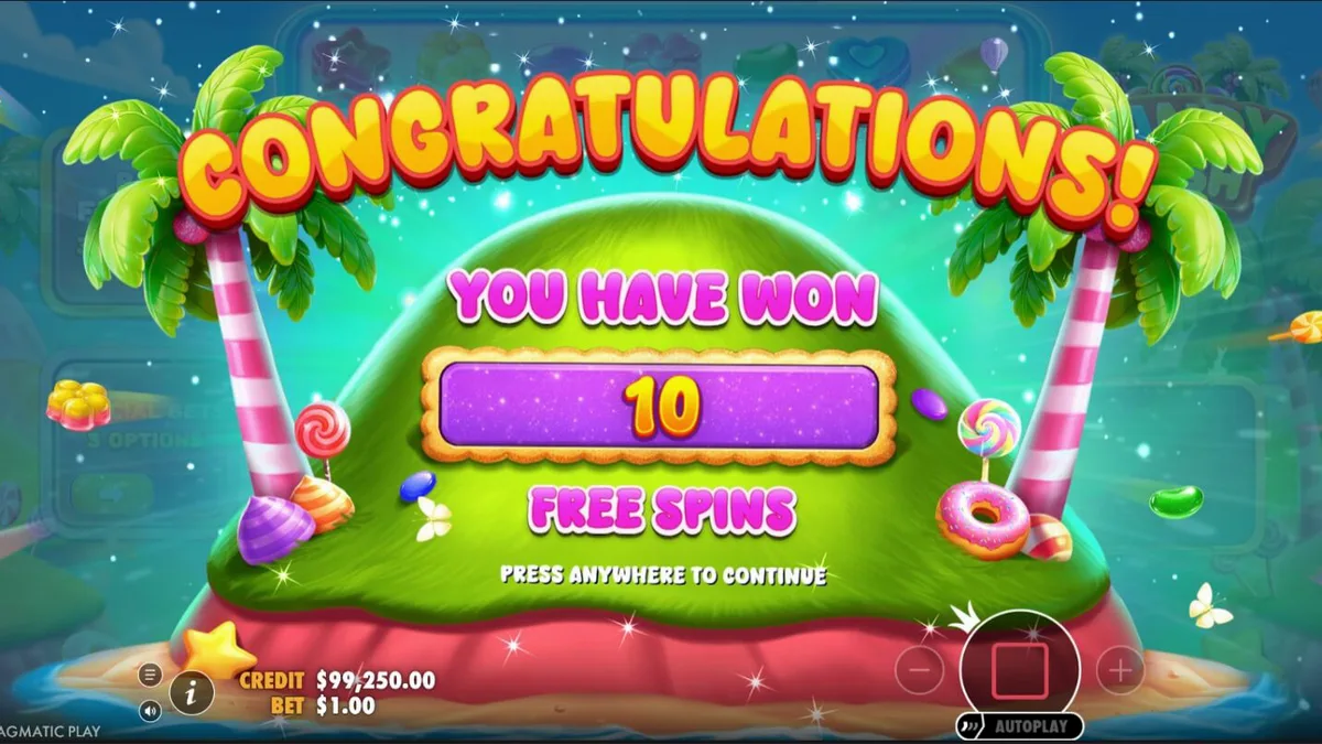 Tampilan visual permainan slot Candy Rush dengan simbol permen berwarna-warni