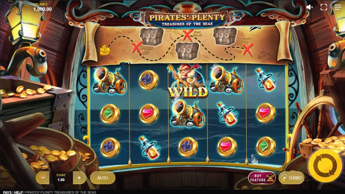 Tampilan visual slot Pirates’ Plenty: Treasures of the Seas dengan tema bajak laut